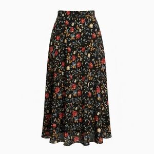 Kenar Black A-Line Skirt with Red and Gold Floral Design